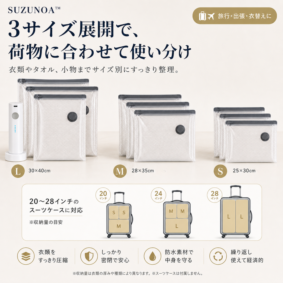 SUZUNOA™ 旅行用真空圧縮バッグセット